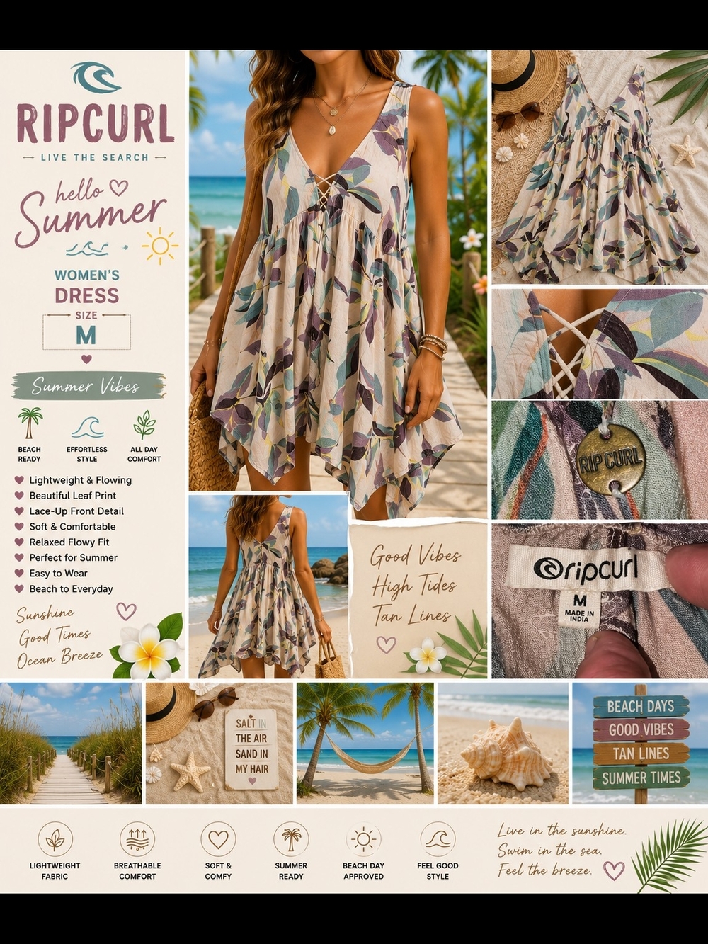 Rip Curl Cream Floral Lace-Up V-Neck Sundress with Teal & Purple Accents